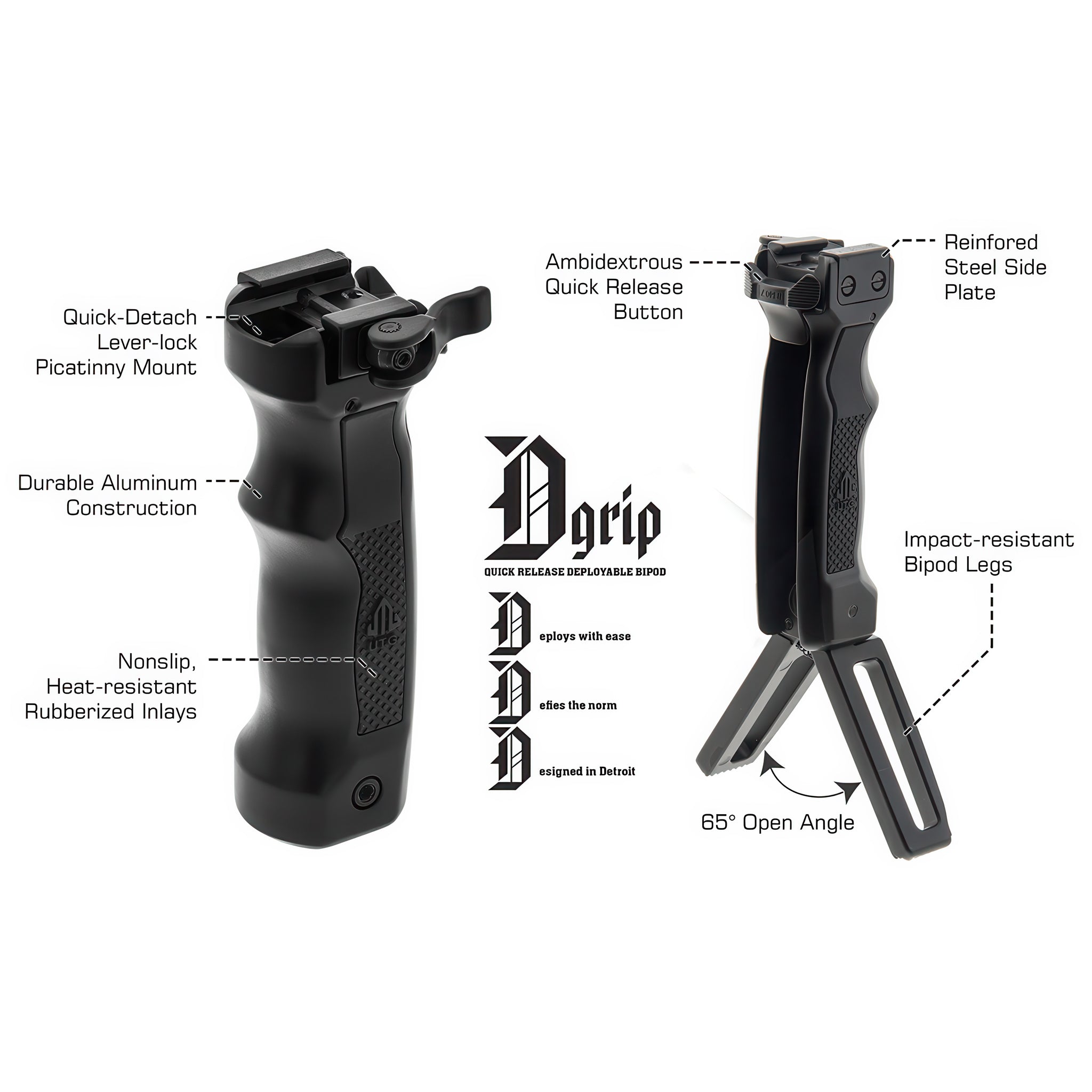 UTG D Grip Quick Release Deployable Bipod with Ambi- MNT-DG02Q