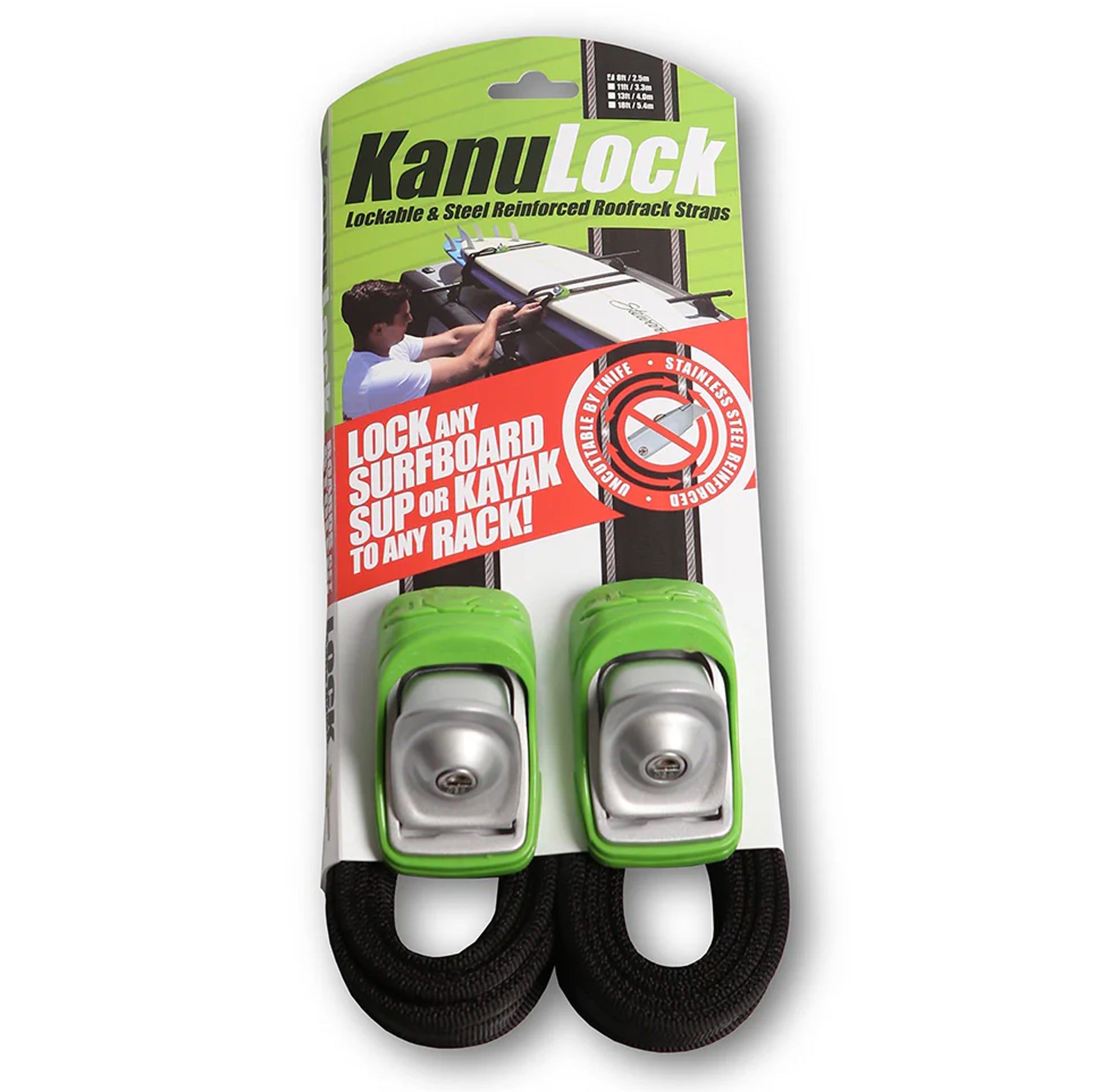 Lockable Tie Down straps 2.5 Meter Green Kanulock KUL004 - 2 Pack