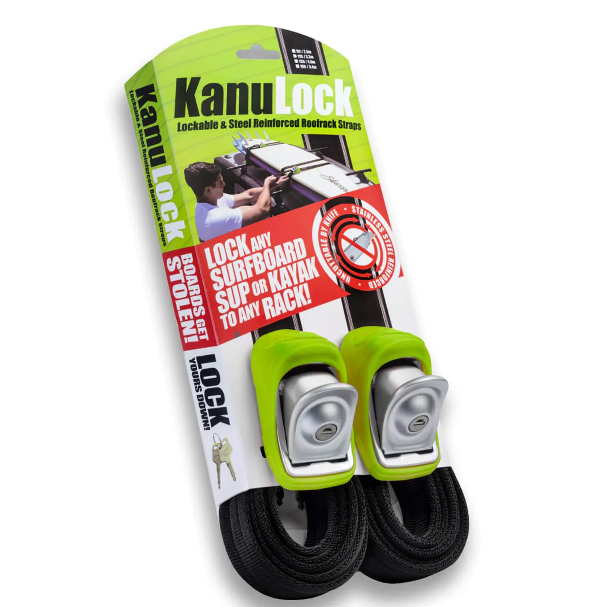 Lockable Tie Down straps 2.5 Meter Green Kanulock KUL004 - 2 Pack