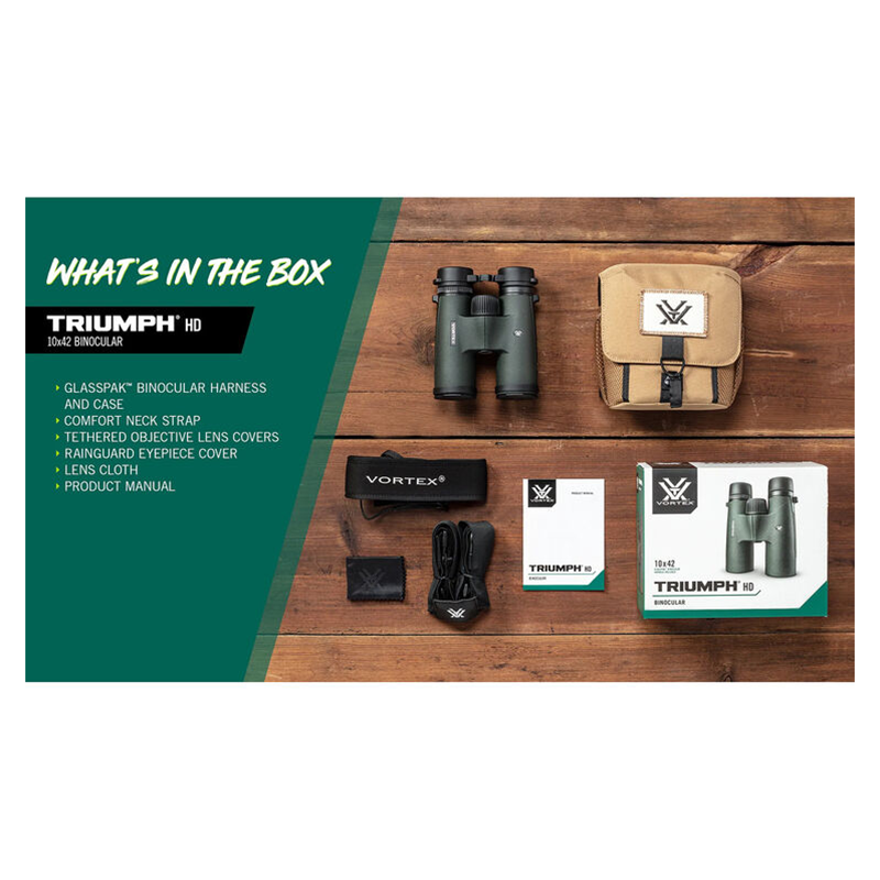 Vortex Triumph HD 10x42 binoculars and included accessories